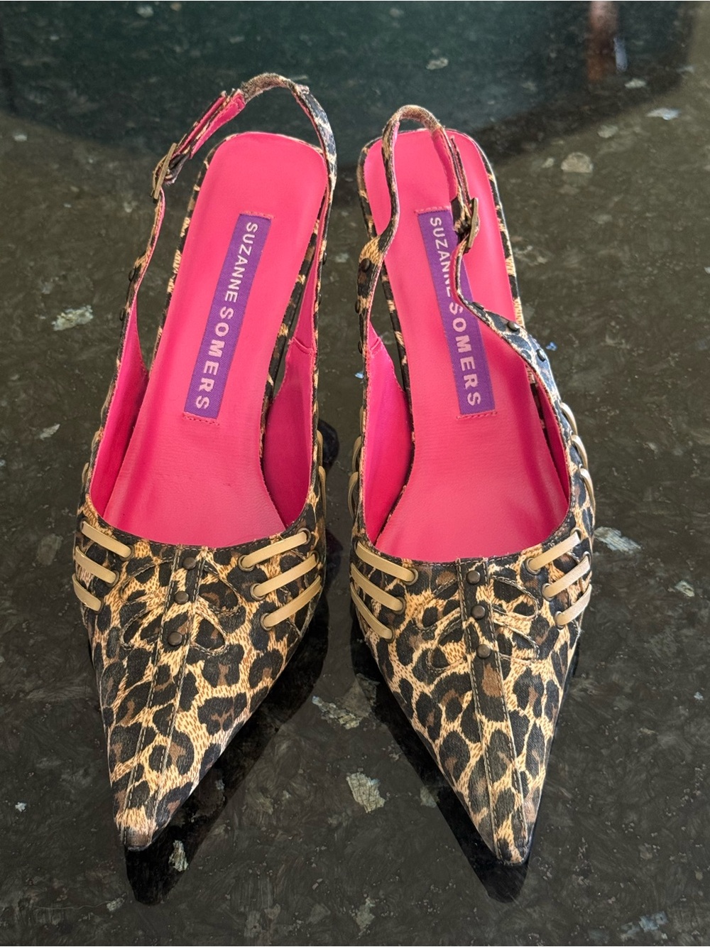 Suzanne Somers Strappy Slingback Leopard Satin Heels Sandals Size 6.5